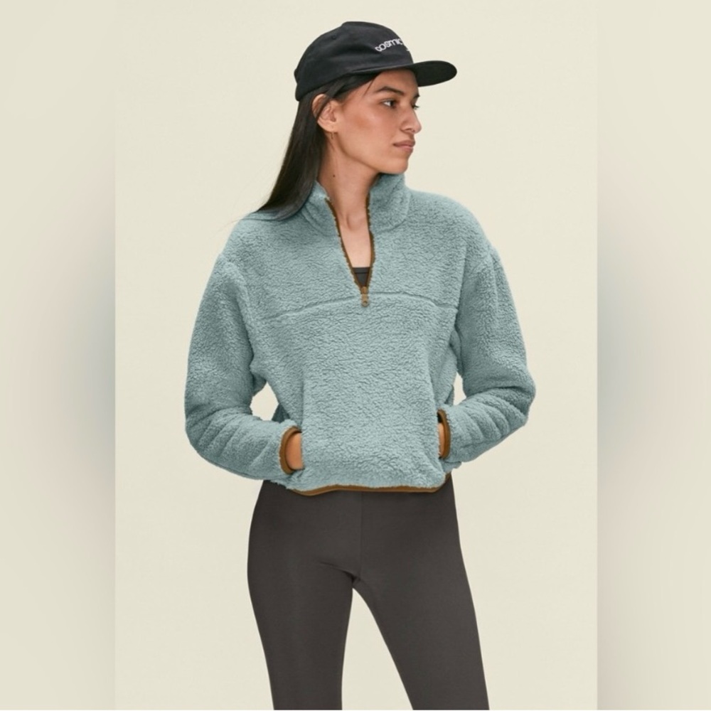 🩵 Girlfriend Collective Half Zip Crop Pullover Pocket Blue Fleece Jacket Coat S
